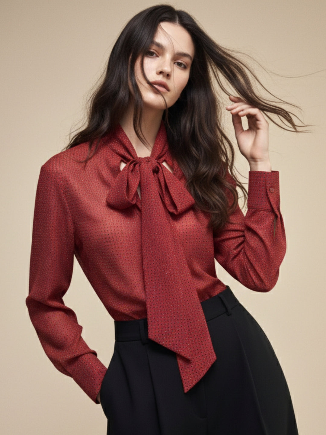 Red Exaggerated Collared Polka Dotted Shirt