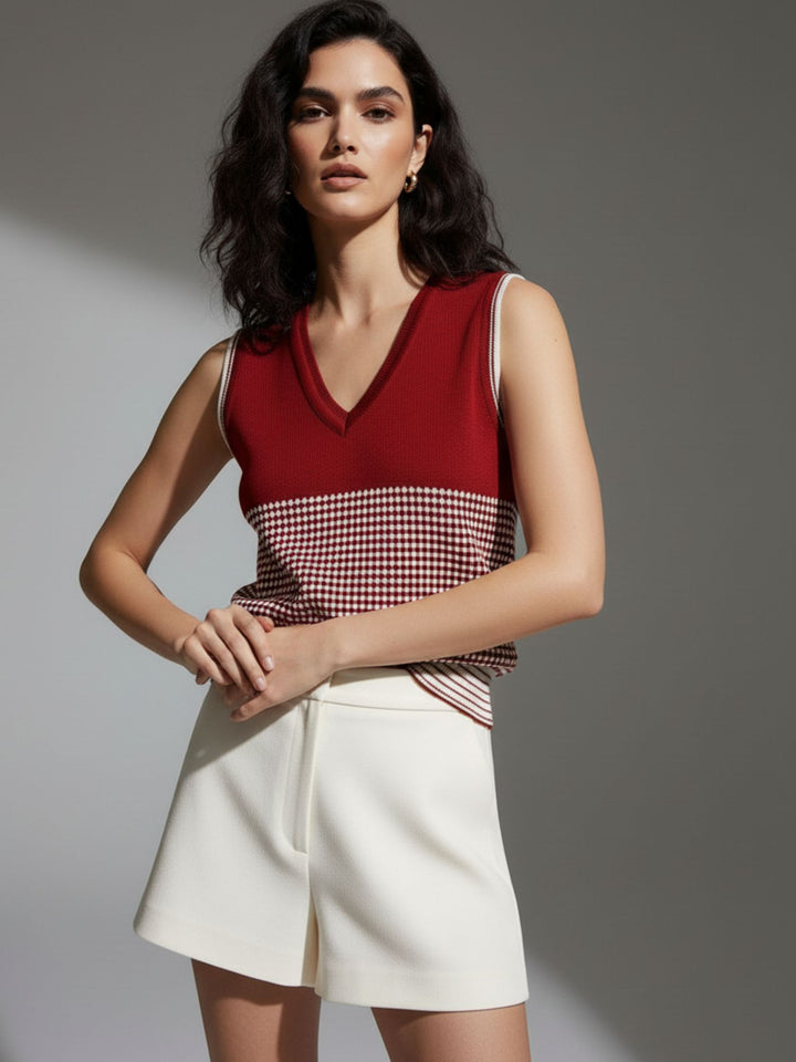 Wine V Neck Flat Knit Tank