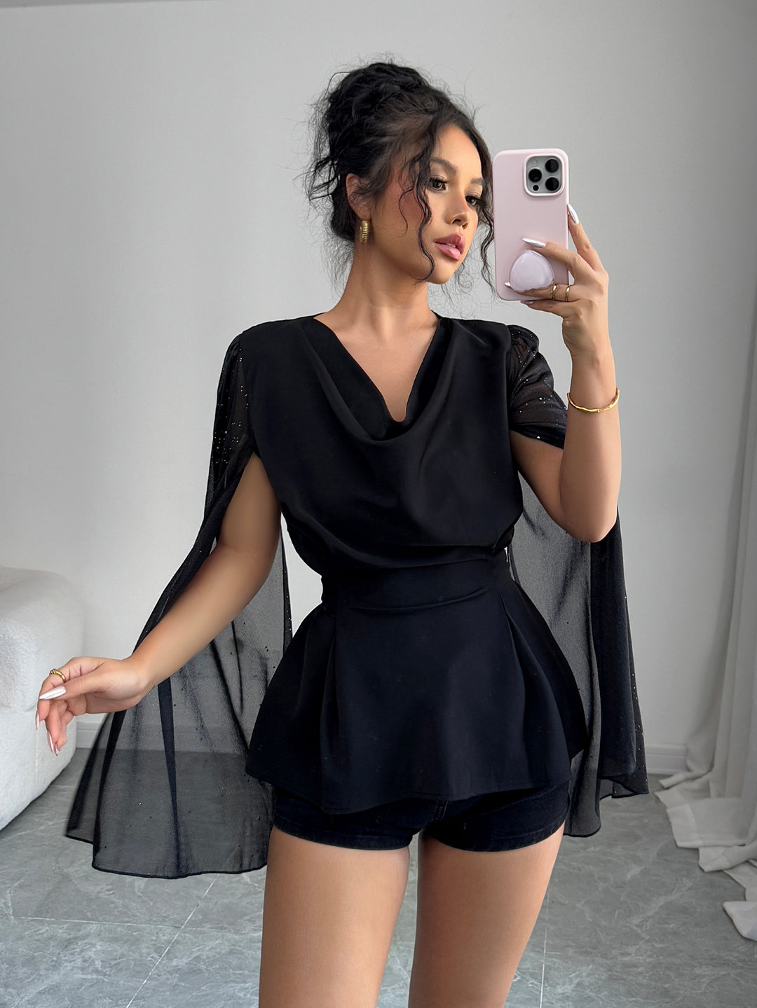 Black Cowl Neck Top With Extended Cape Sleeves