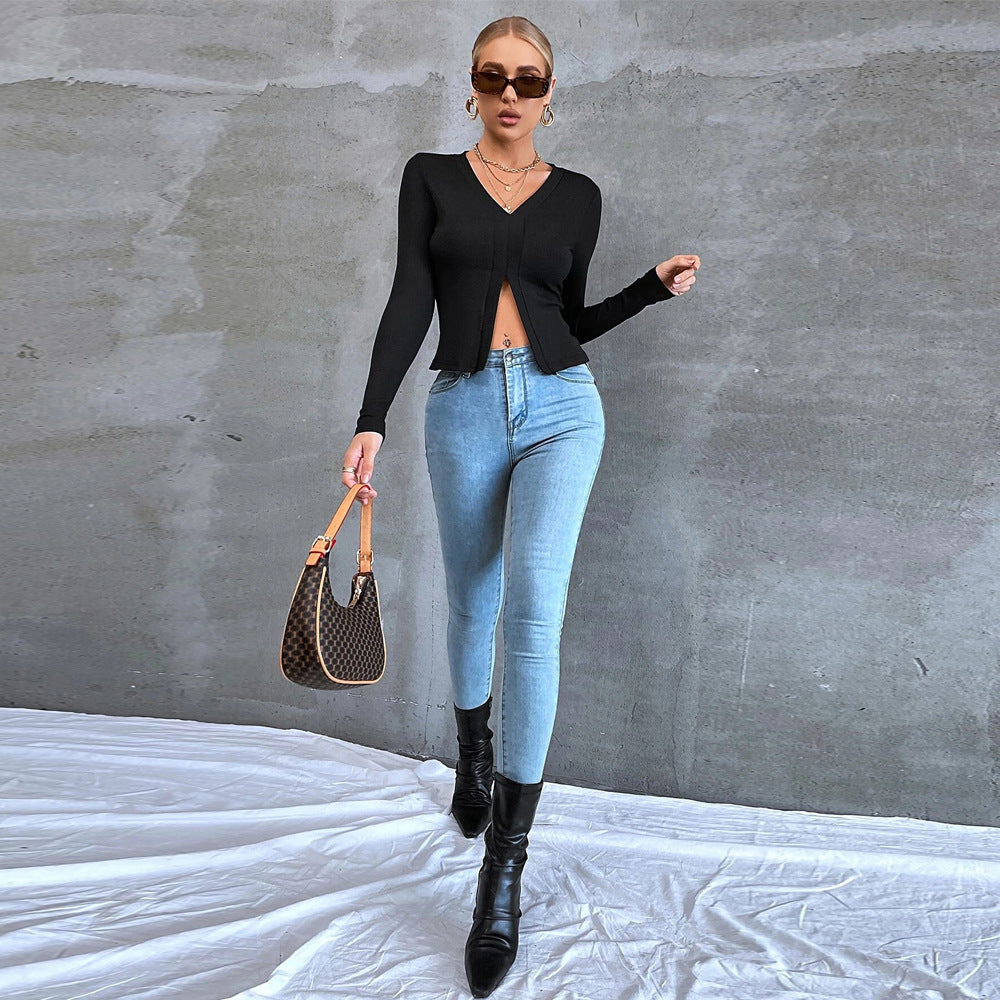 Black Full Sleeve Front Slit Top
