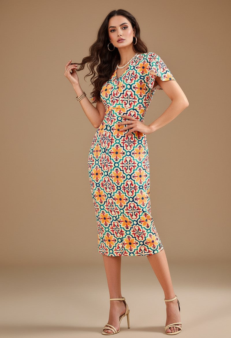 Multi Short Sleeve Printed Dress