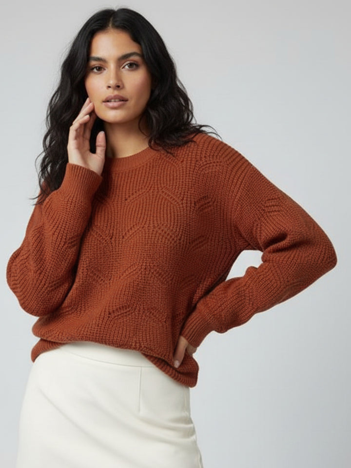 Brown Full Sleeve Round Neck Fur Slouchy Sweater