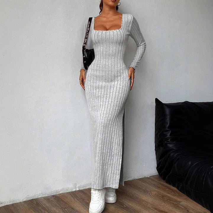 Grey Square Neck Space Ribbed Dress