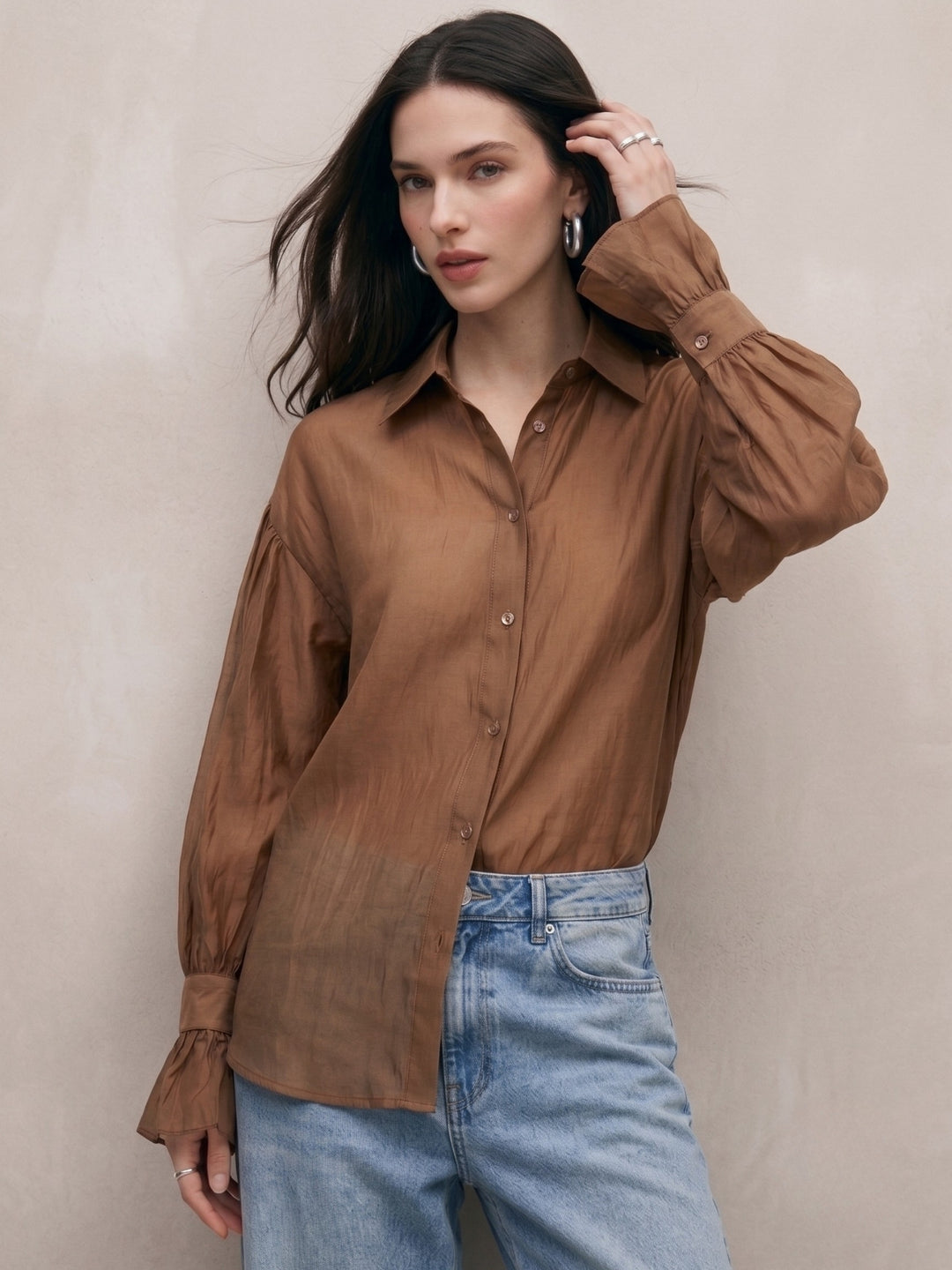 Taupe Flowy Shirt With Cupped Sleeves