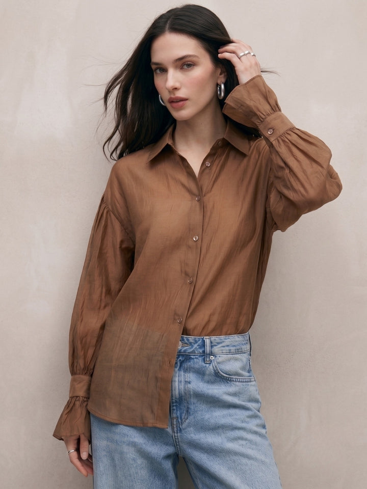 Taupe Flowy Shirt With Cupped Sleeves