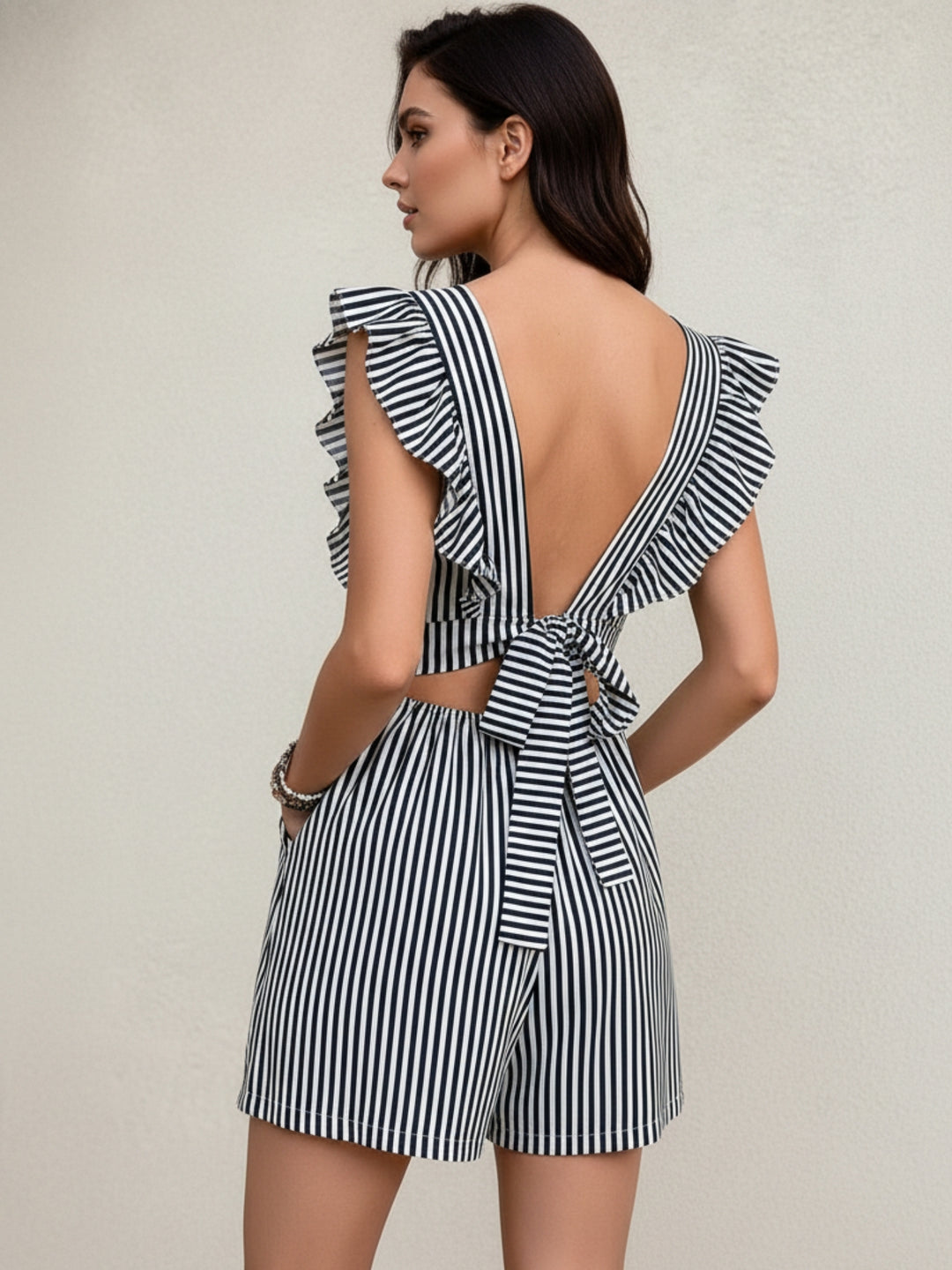 Navy Blue Plunge Neck Flutter Sleeved Romper