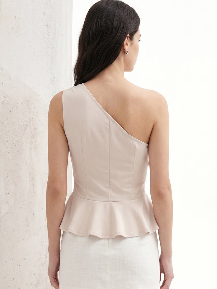 Beige One Shoulder Peplum Blouse