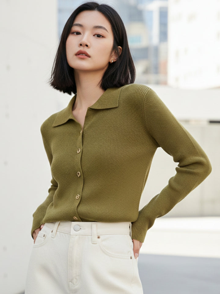 Olive Full Sleeve Collared Buttoned Top
