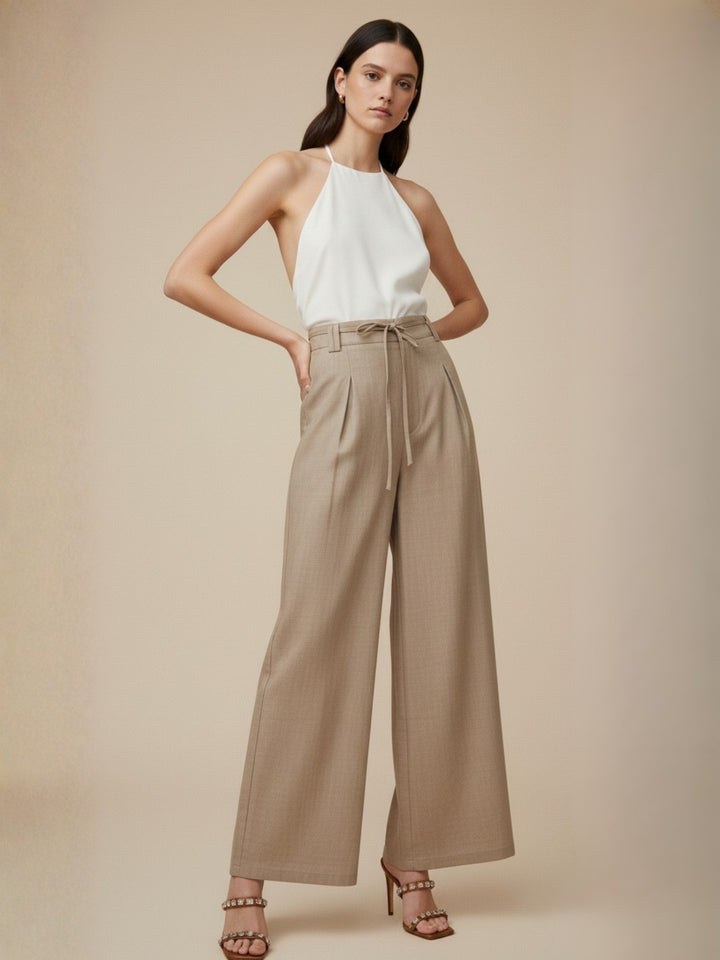 Beige High Waist Front Pleated Pant