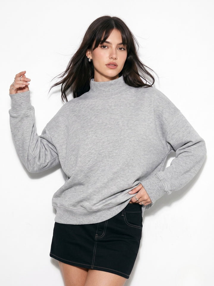 Grey High Neck Relaxed Fit Solid Sweatshirt
