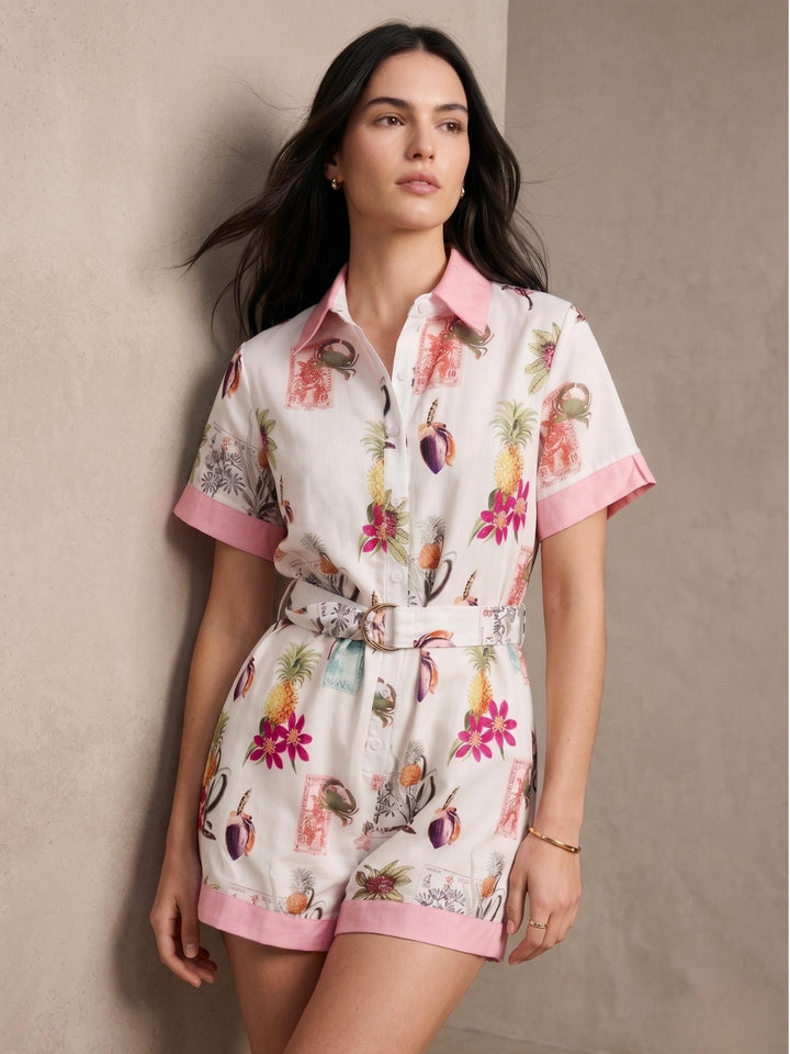 White Printed Collared Neck Waist Tie-Up Jumpsuits