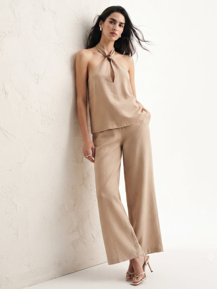 Beige Cross-Halter Neck Top And Pant Set