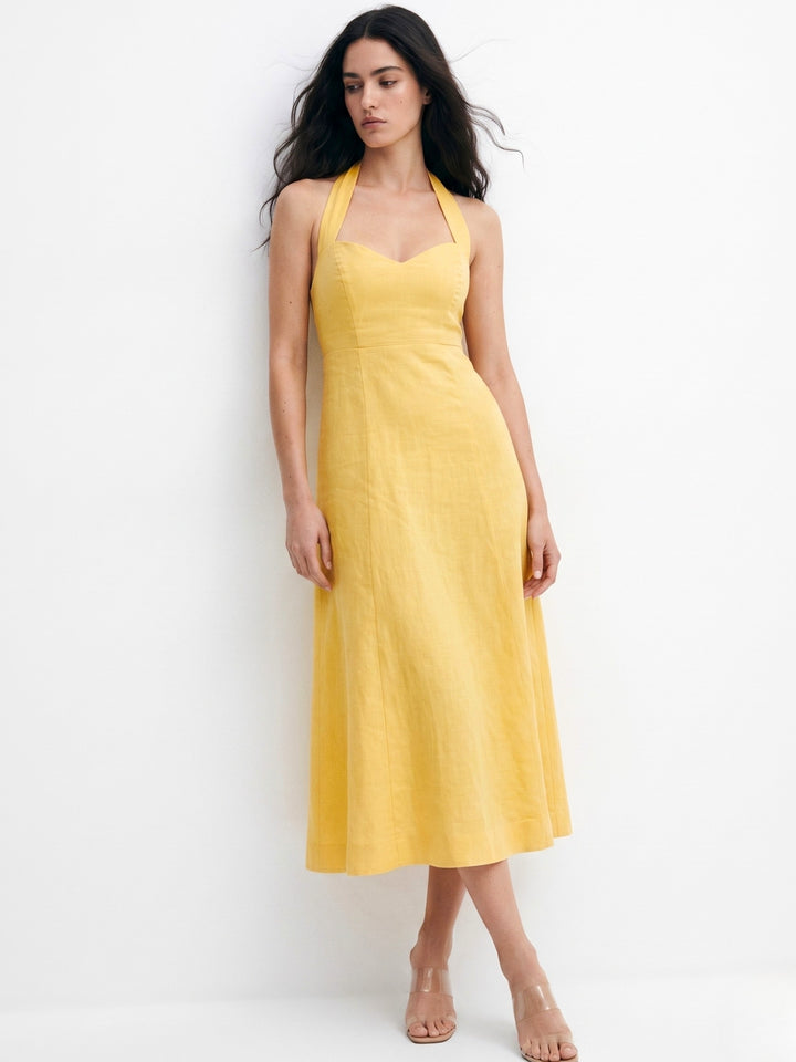 Yellow Halter Neck Sweetheart Neck  Dress