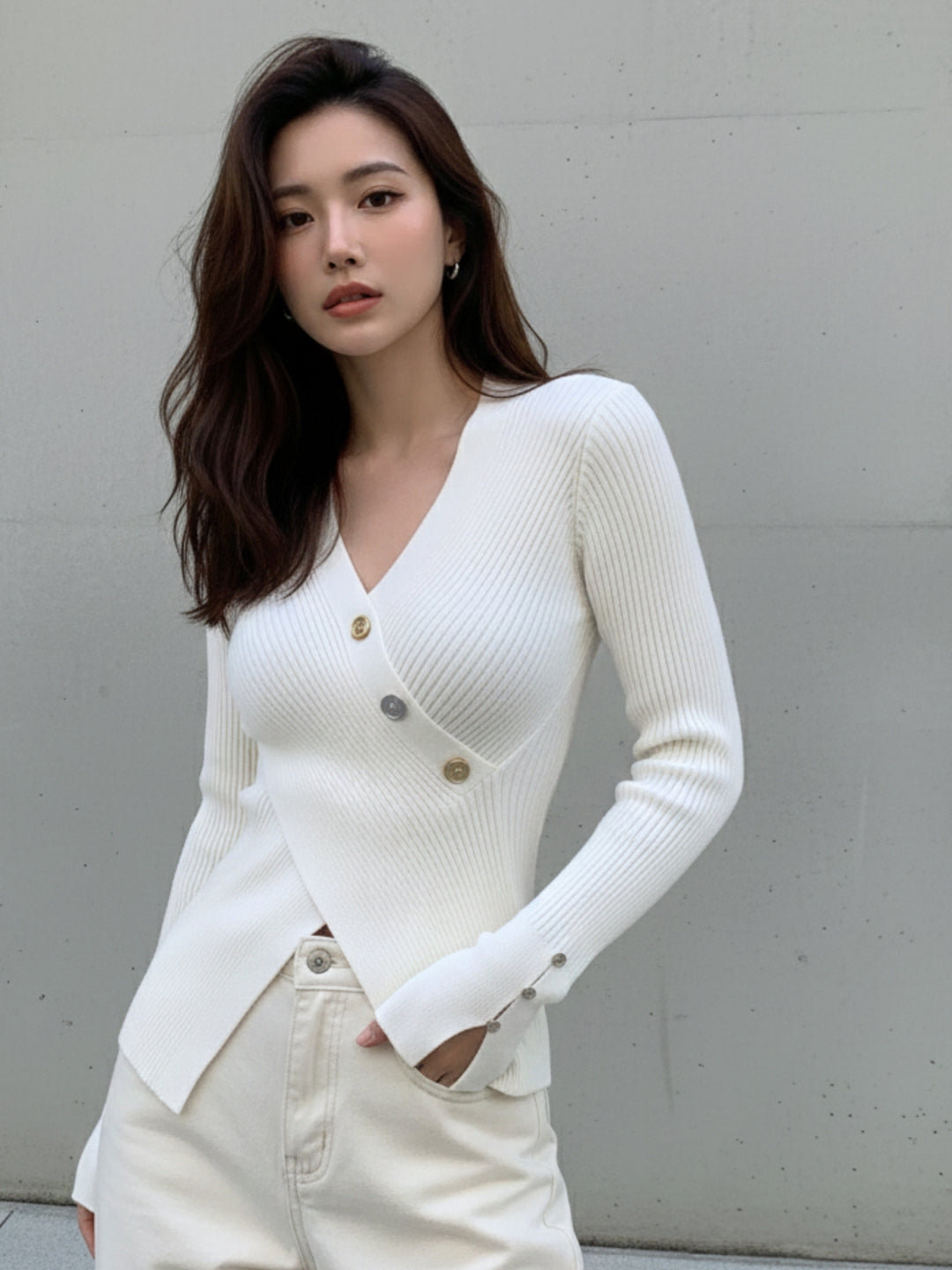 White Full Sleeve Wrap Asymmetrical Hem Top