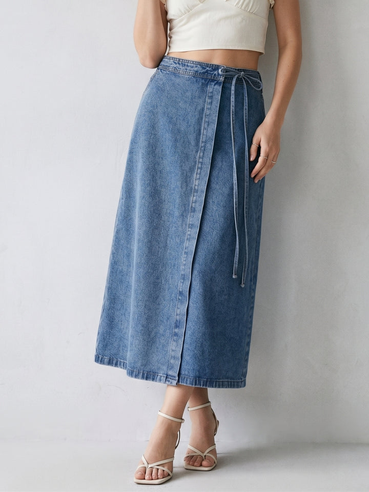 Blue Wrap Midi Denim Skirt With Waist Tie Up Detail