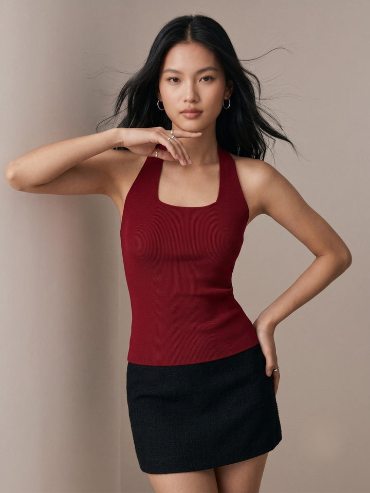 Burgundy Square Halter Neck Tank