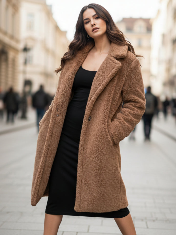Beige Teddy Fur Collared Coat