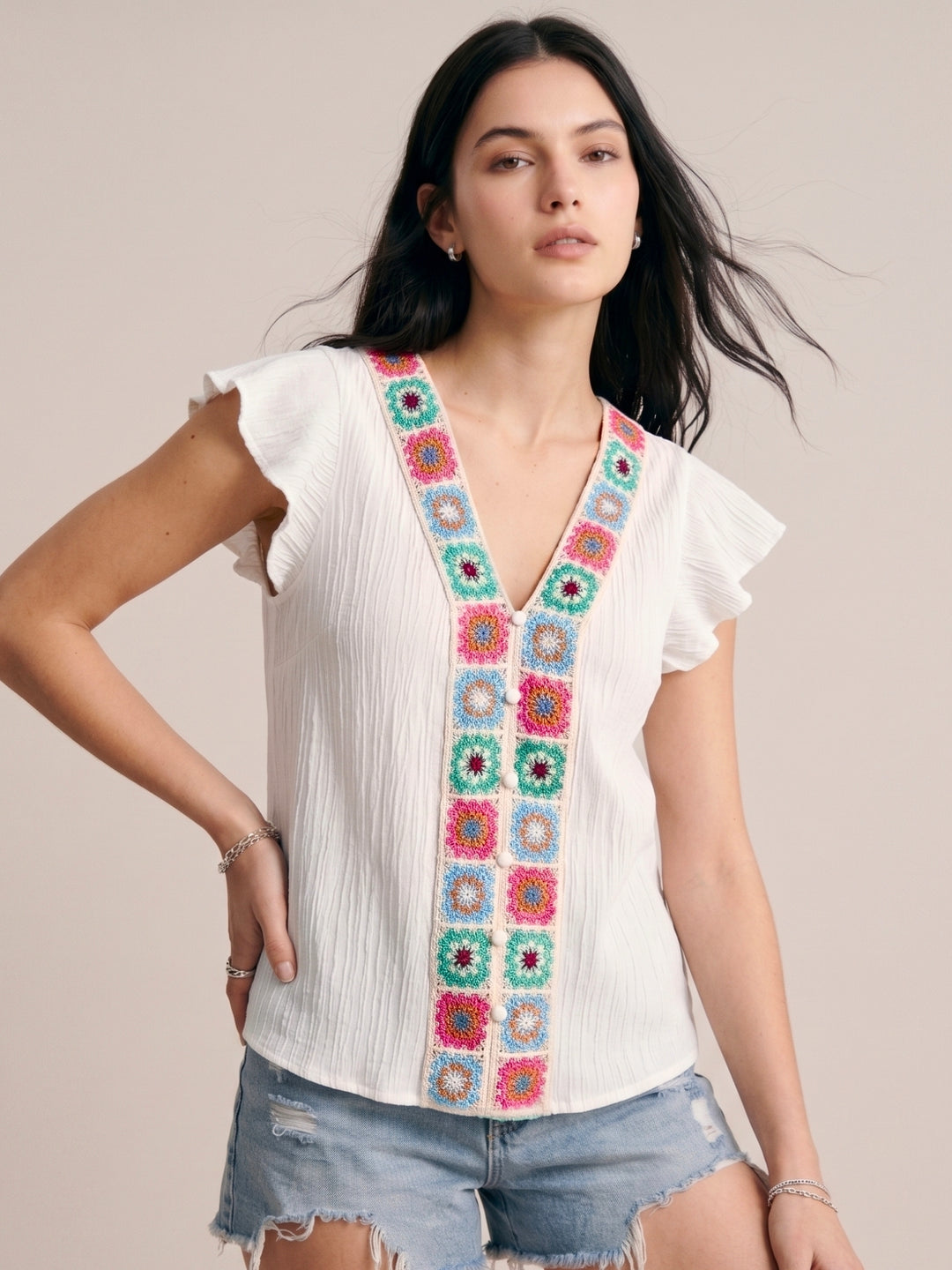 White V Neck Flutter Sleeve Top With Crochet Seam