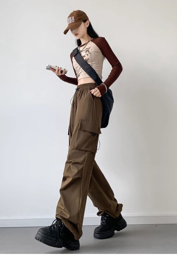 Brown Drawstring Parchute Pin Tucked Cargo Pants