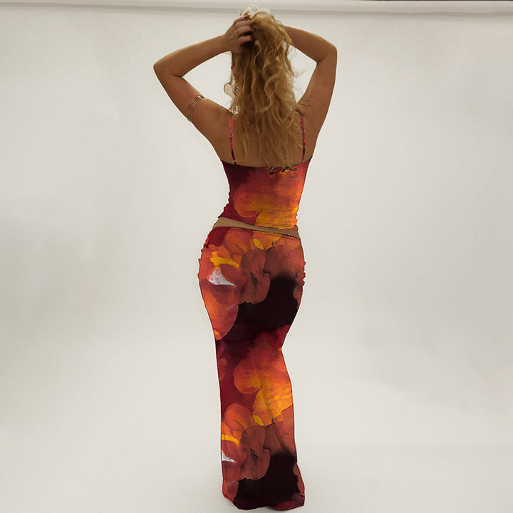 Red Spaghetti Strap Top With Fitted Skirt Co-Ord Set