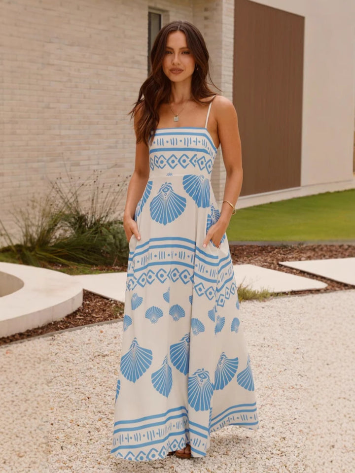 Light Blue Spaghetti Strap Printed Dress