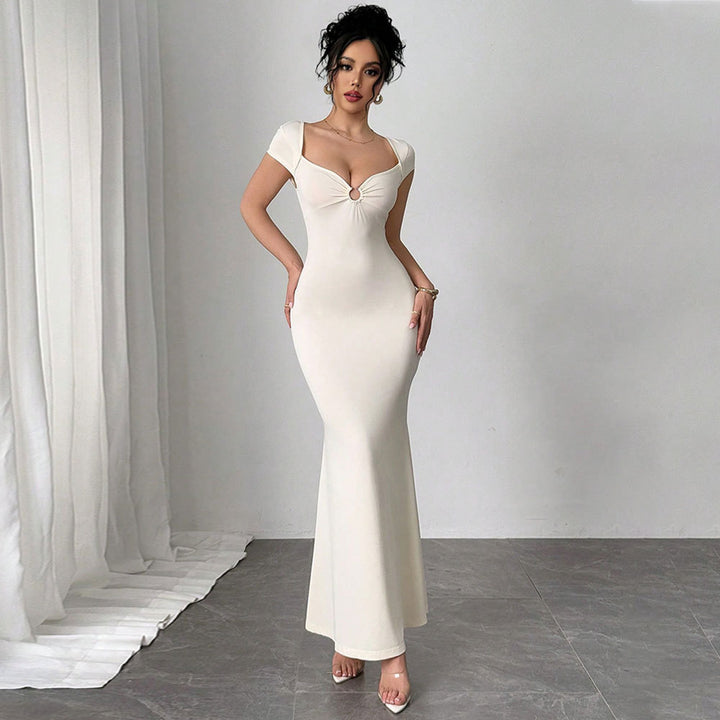 Beige Short Sleeve Metal Attached Dress