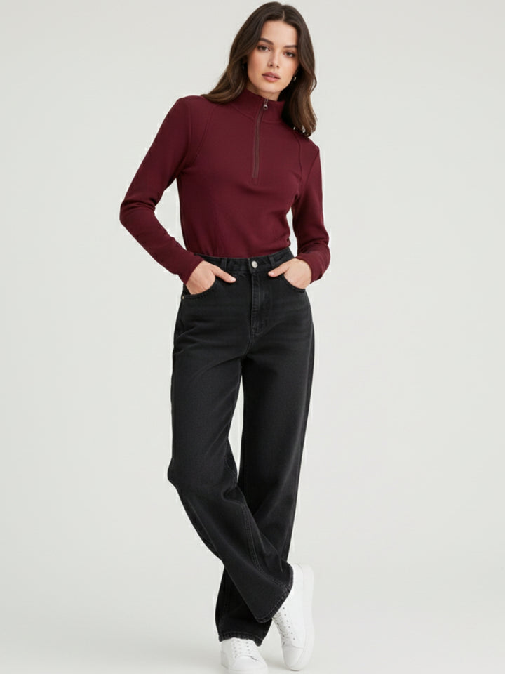 Burgundy Full Sleeves Half Zip Sweatshirt