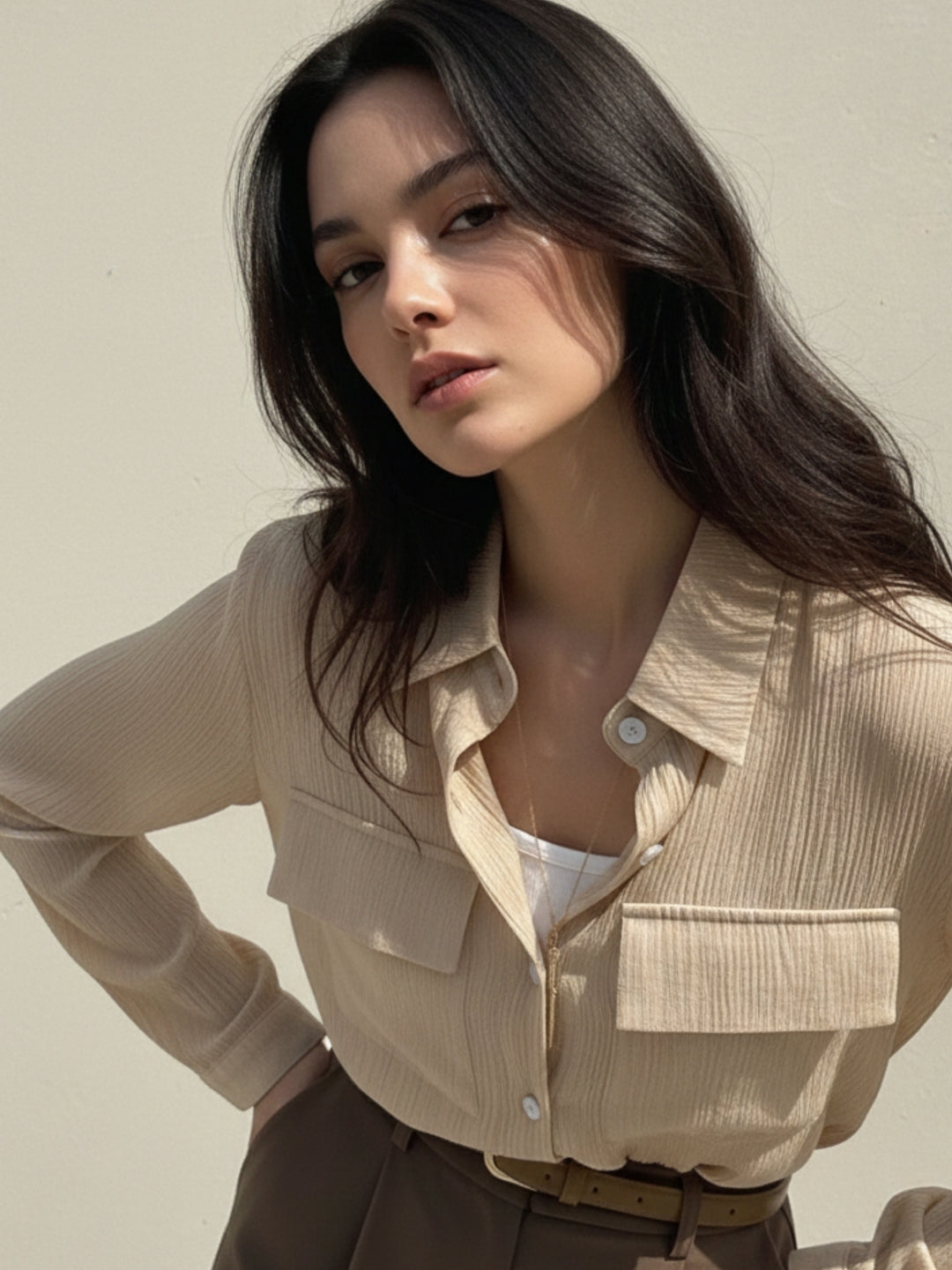 Beige Textured Double Pocket Shirt