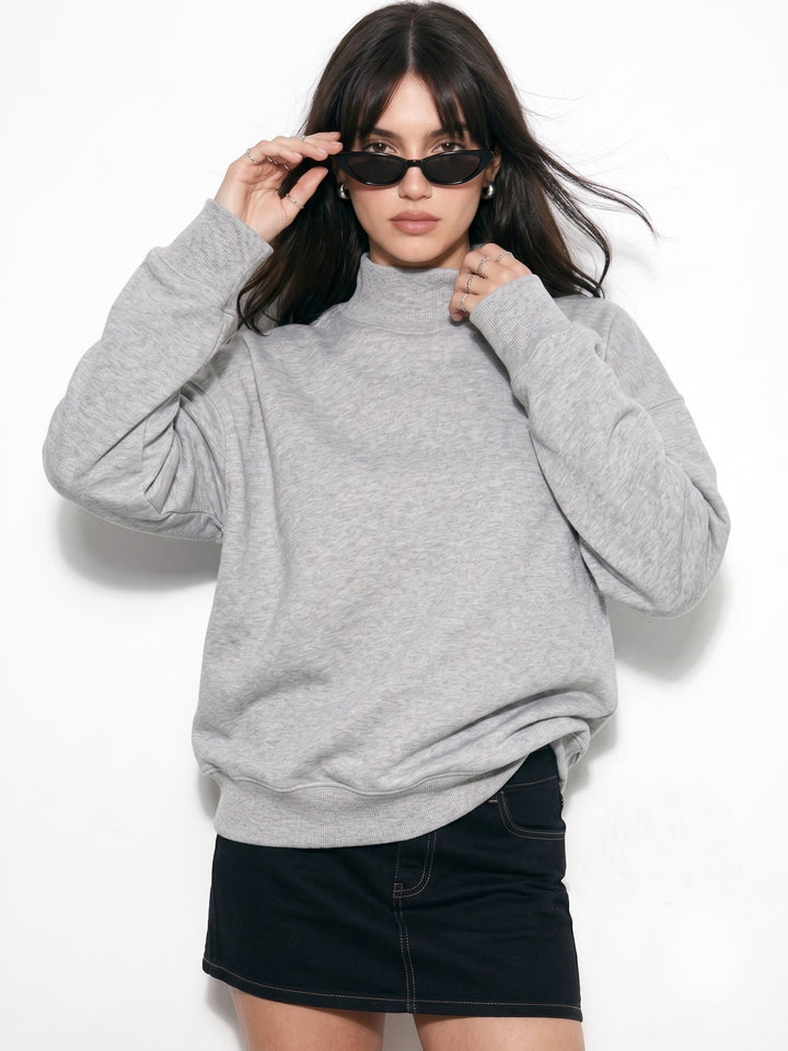 Grey High Neck Relaxed Fit Solid Sweatshirt