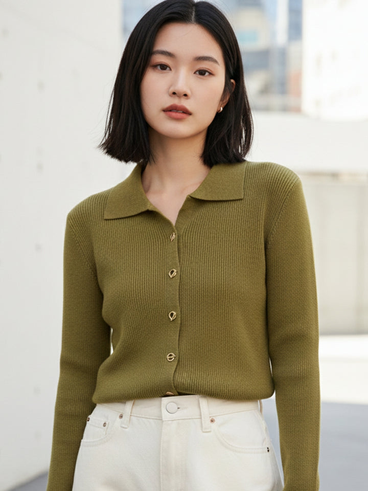 Olive Full Sleeve Collared Buttoned Top