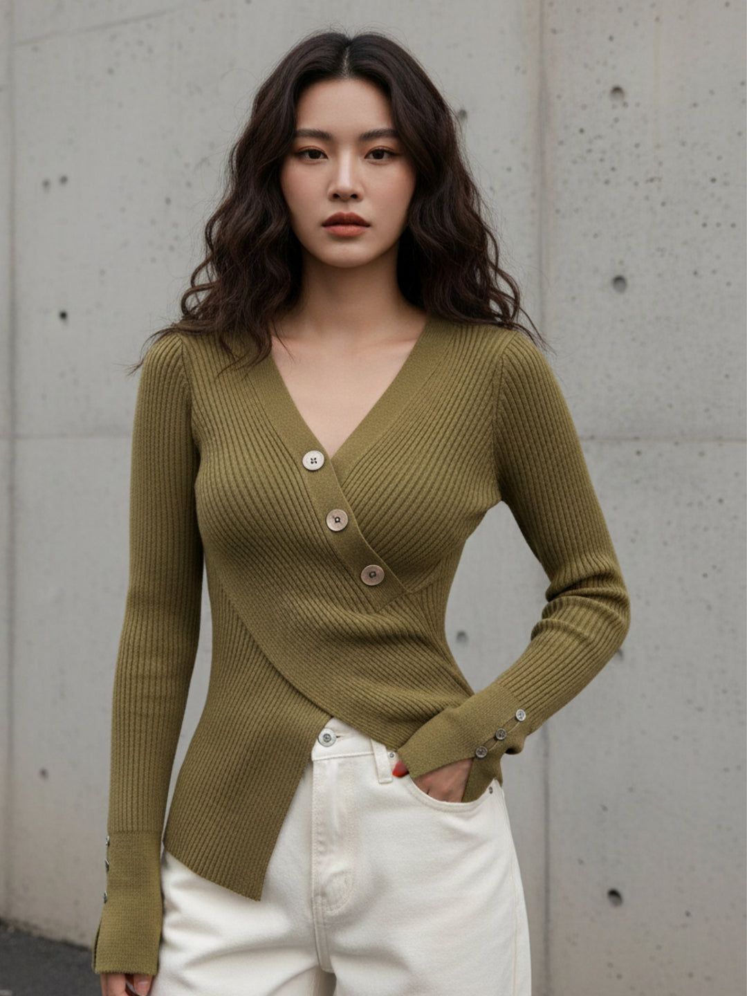 Olive Full Sleeve Wrap Asymmetrical Hem Top