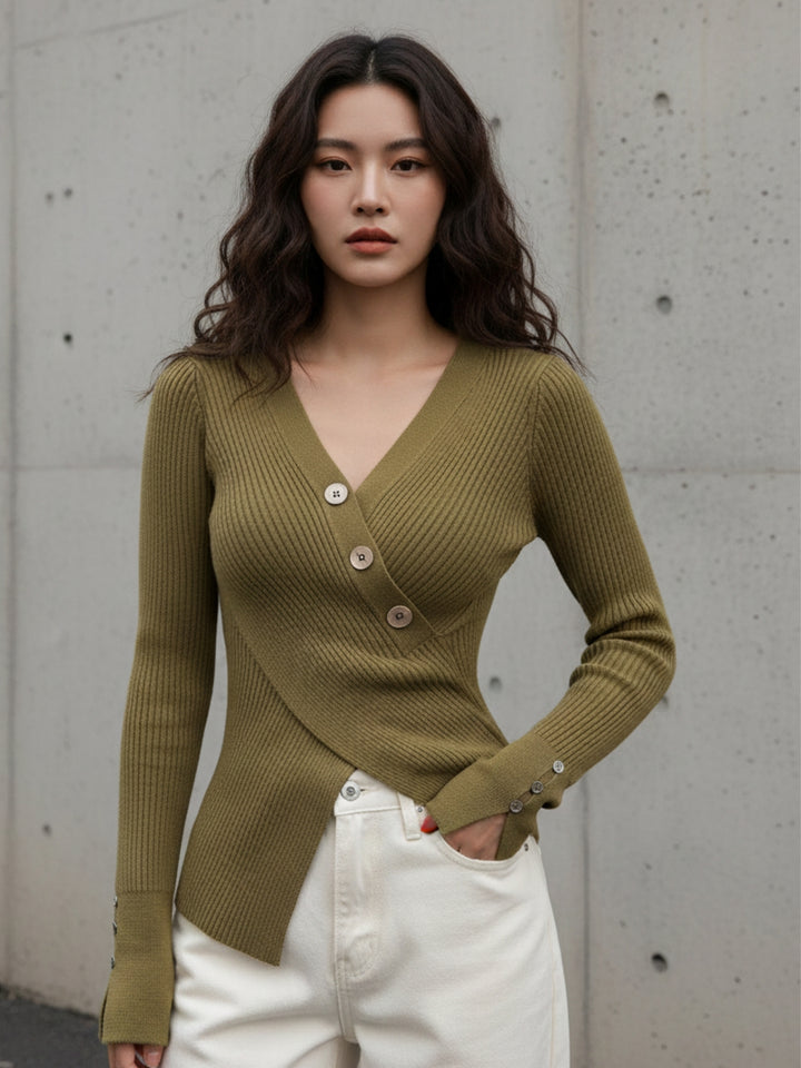 Olive Full Sleeve Wrap Asymmetrical Hem Top
