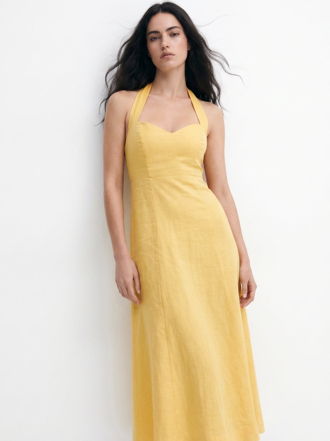Yellow Halter Neck Sweetheart Neck  Dress