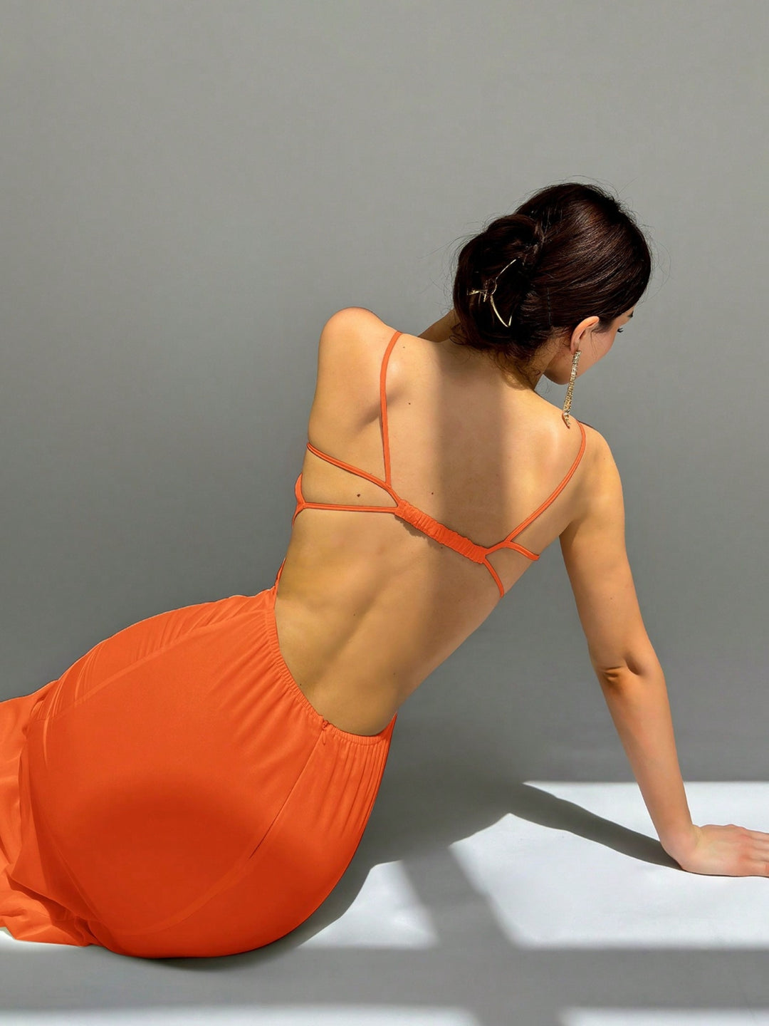 Orange Open Back Cut-Out Mesh Dress