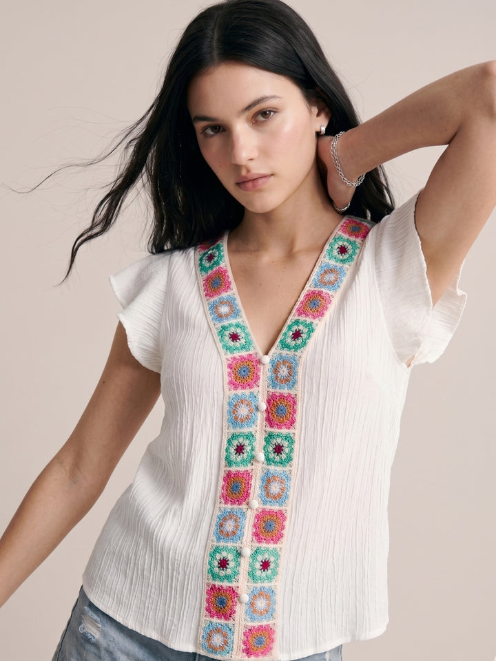 White V Neck Flutter Sleeve Top With Crochet Seam