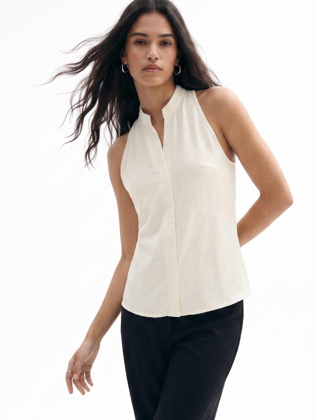 Off White Embroidered Front Buttoned Semi Sheer Top