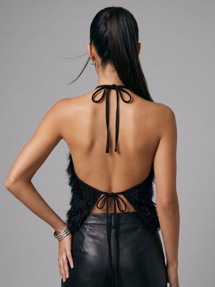 Black Halter Neck Furry Top