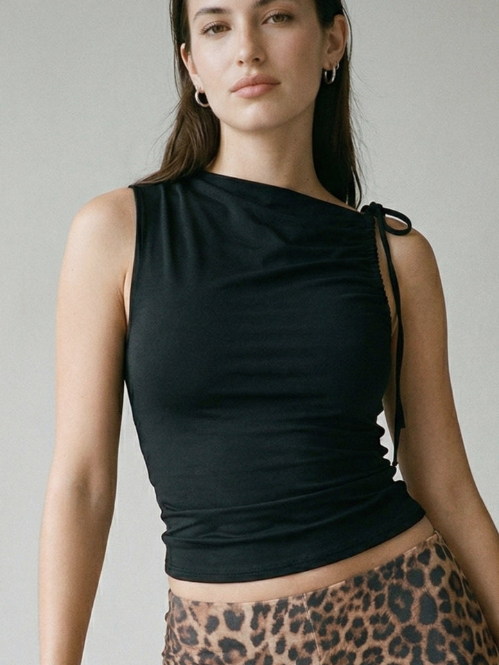 Black One Shoulder Tie-Up Top