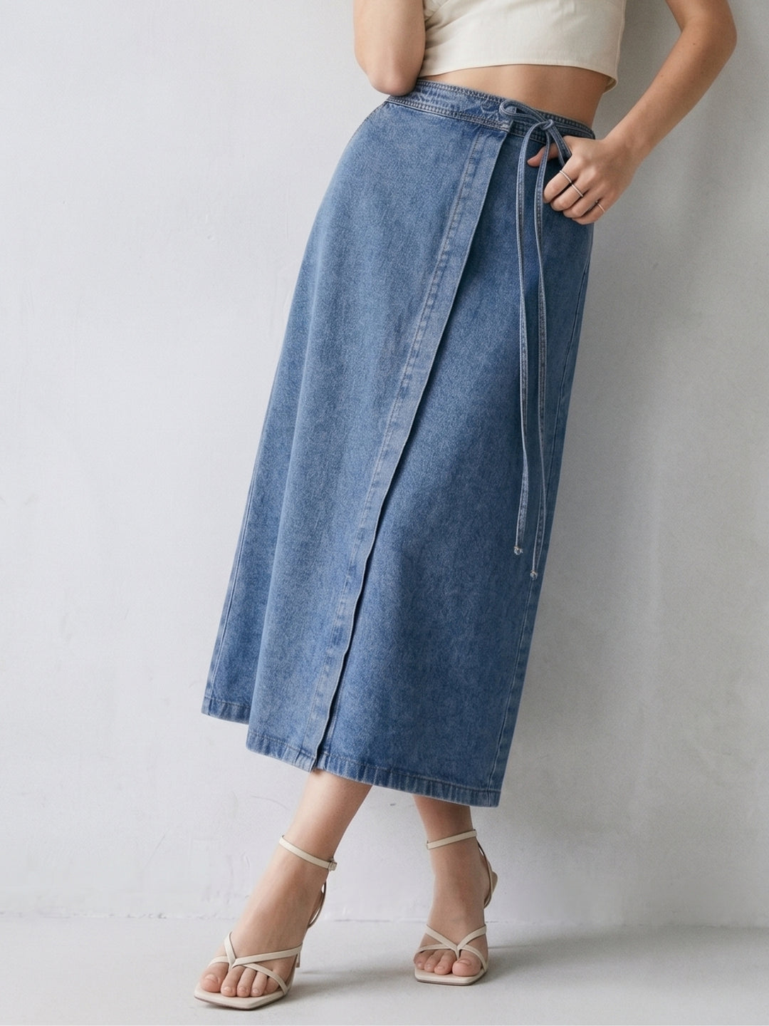 Blue Wrap Midi Denim Skirt With Waist Tie Up Detail