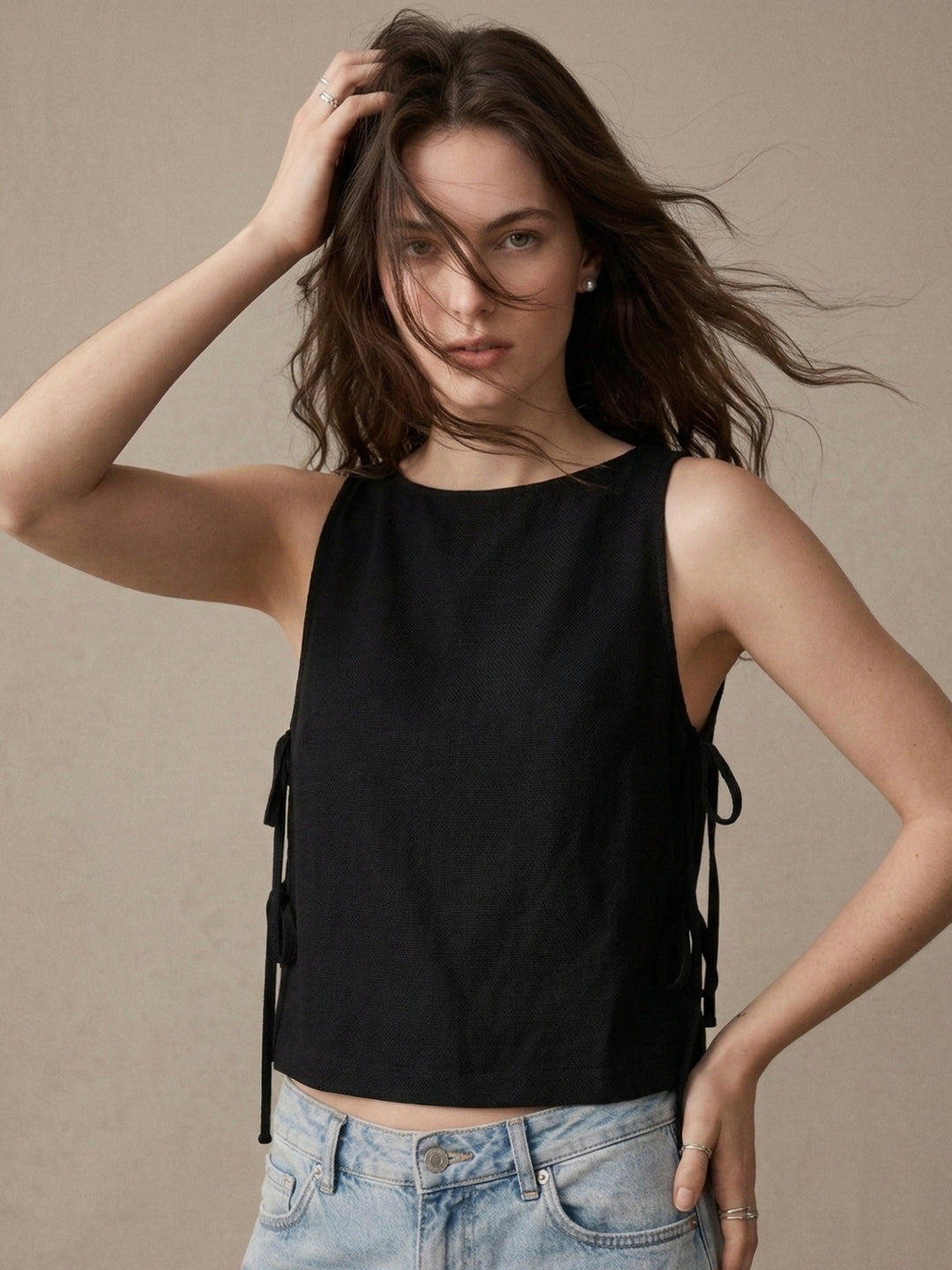 Black Side Tie Up Flowy Top