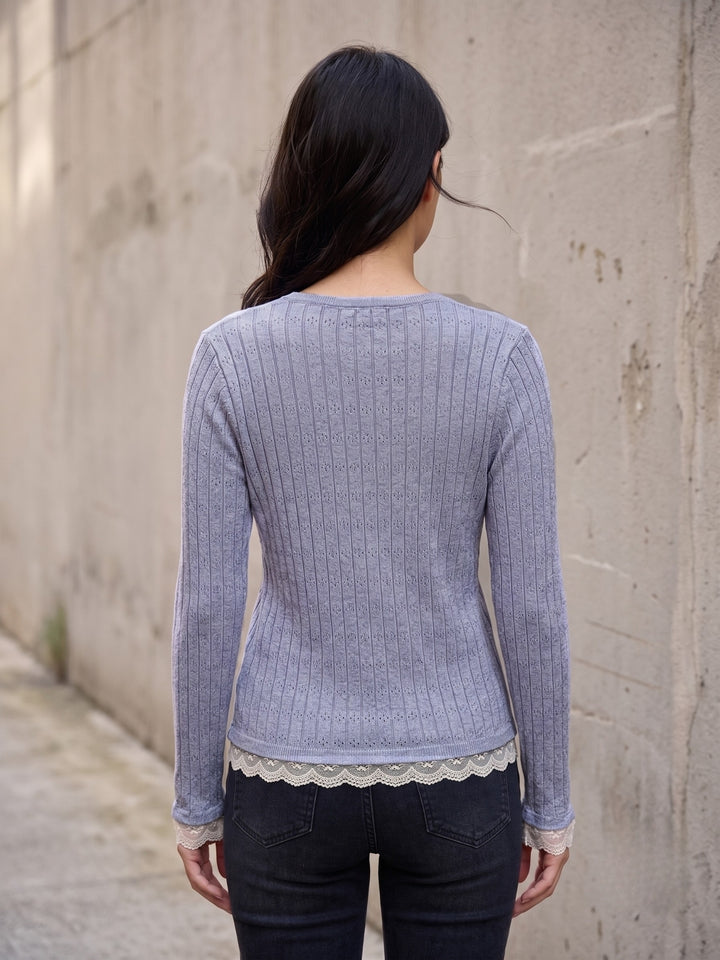 Blue Button Down Top With Lace Inserts At Hem And Sleeves