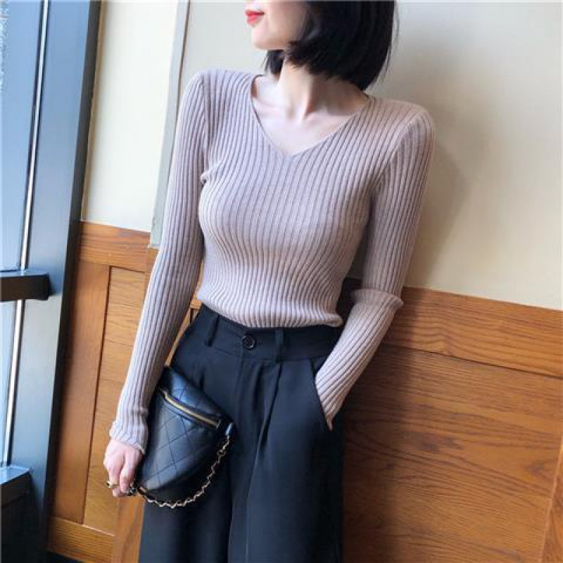 Taupe Full Sleeve V Neck Fitted Top