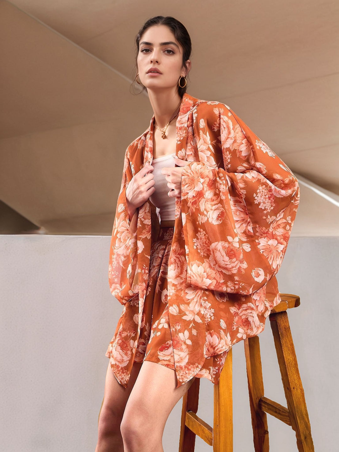 Rust Abstract Printed Full Sleeve Relaxed Shrug