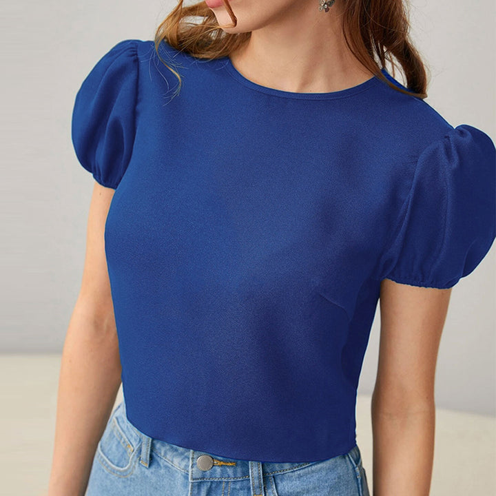 Blue Puff Sleeve Back Tie-Up Detail Top