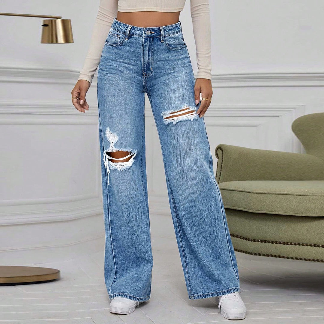 Blue Knee And Thigh Distressed Baggy Jeans