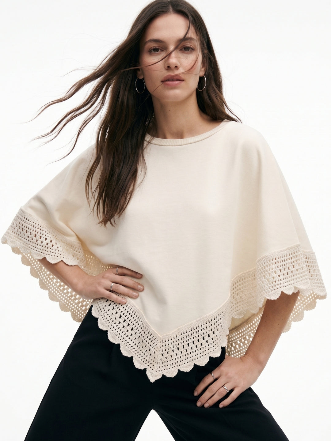 Beige Lace Asymmetrical Hem Relaxed Top