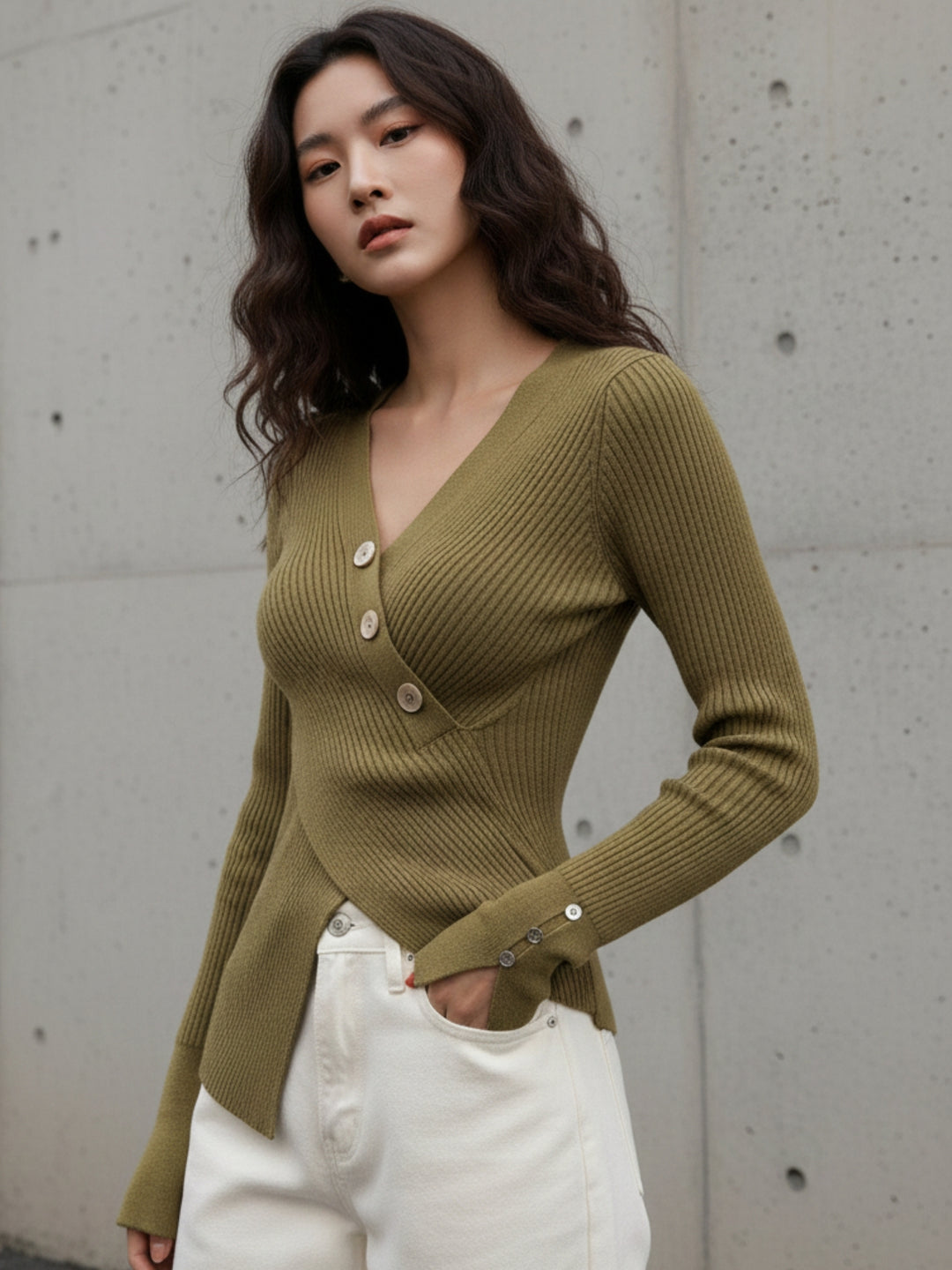 Olive Full Sleeve Wrap Asymmetrical Hem Top