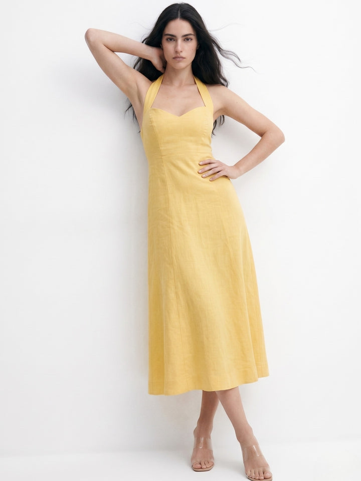 Yellow Halter Neck Sweetheart Neck  Dress