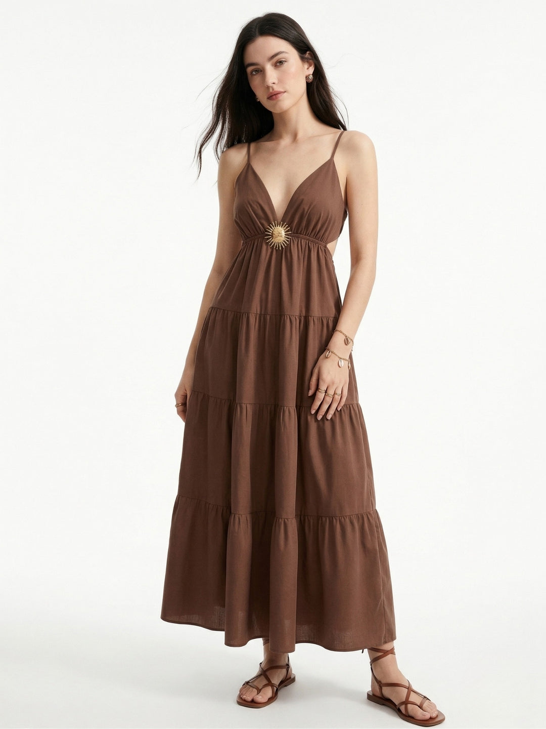 Brown Spaghetti Strap Metal Detail Dress