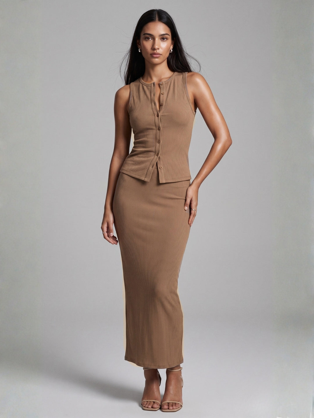 Khaki Sleeveless Top And Skirt Set